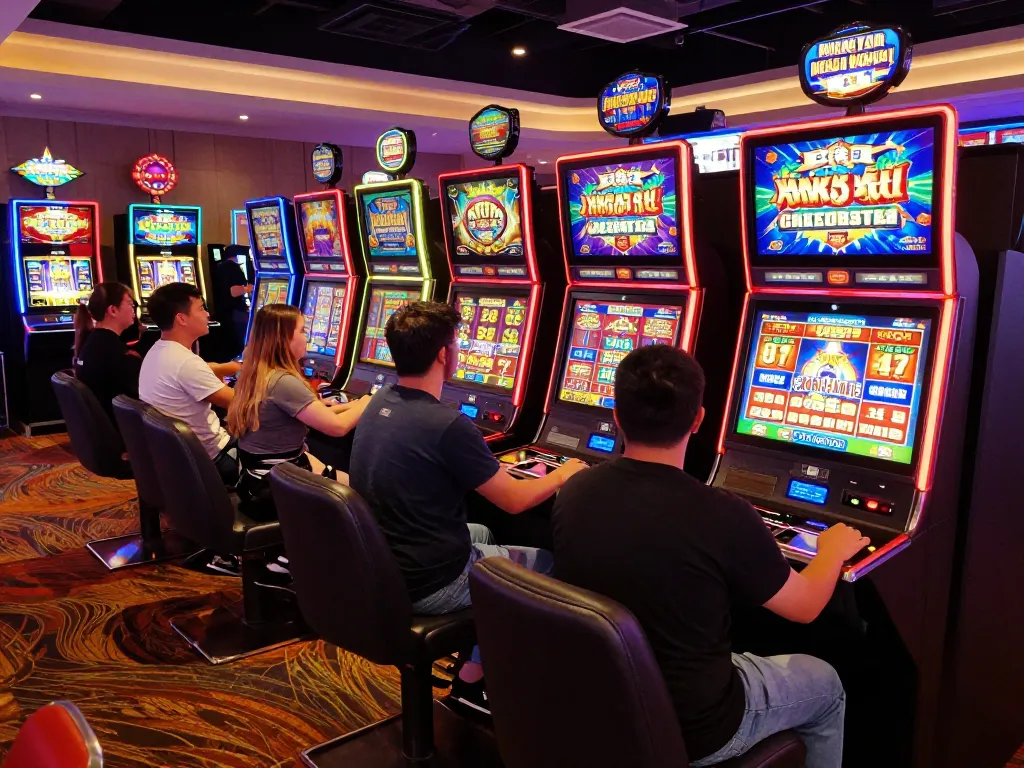 Engaging with exciting uk88 slot machines amidst colorful lights and joyful players.