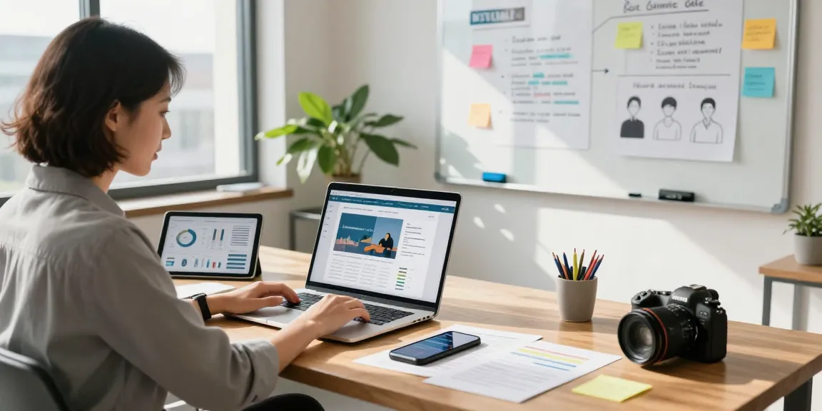 Custom landing page templates showcased on a marketing expert's laptop in a bright, modern office.