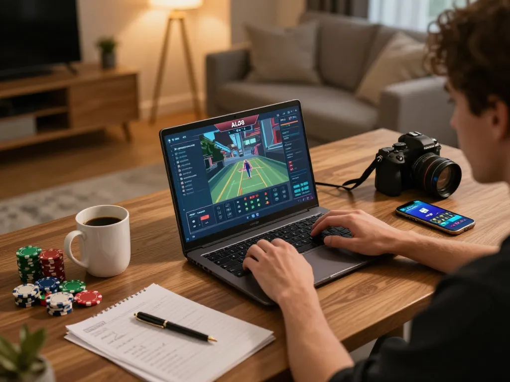 Player engaging with the ALO8 casino app on a laptop, highlighting a warm home gaming atmosphere.