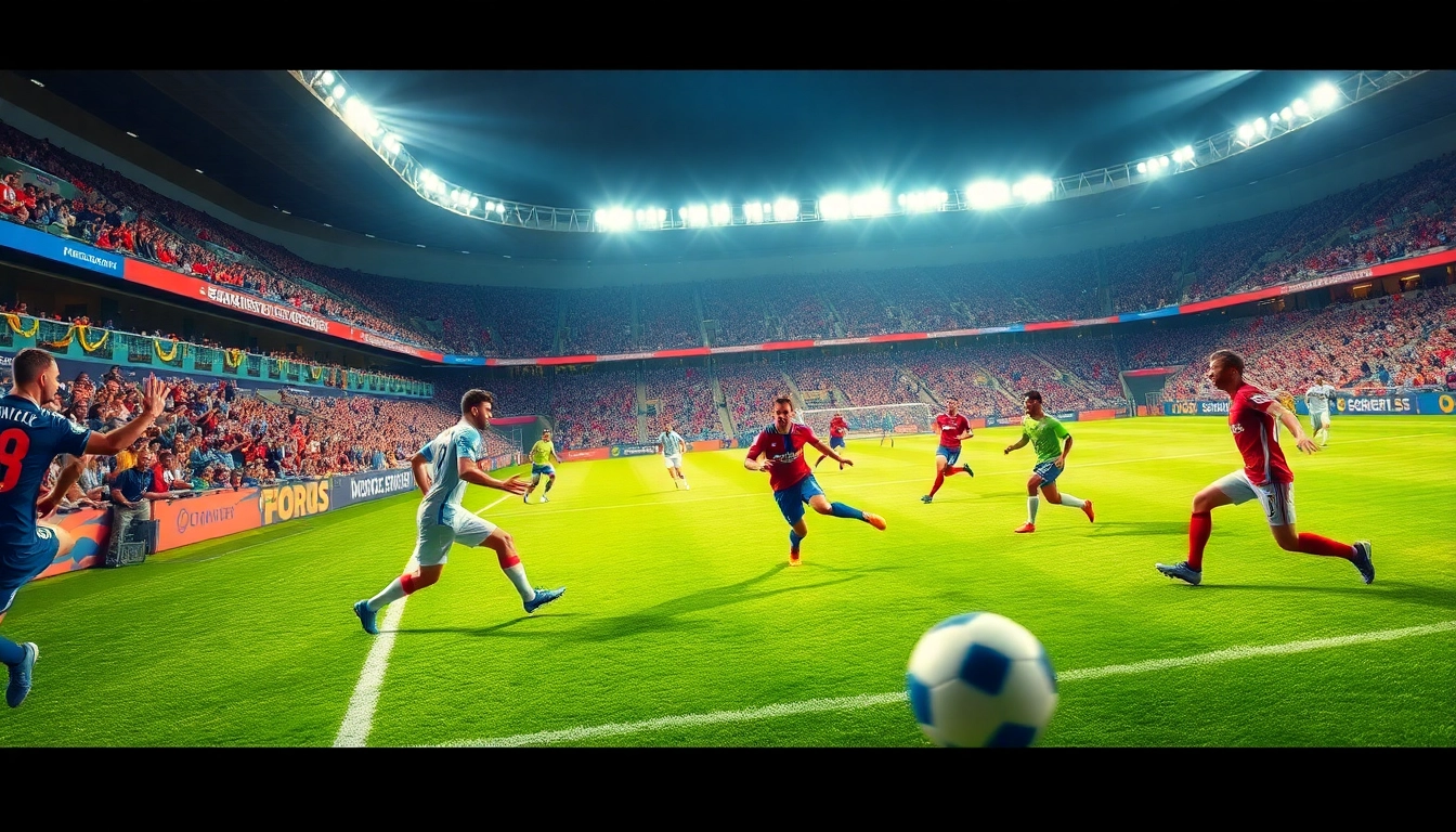 Menyaksikan bolakami pertandingan sepak bola secara langsung dengan stadion dan sorakan penonton.