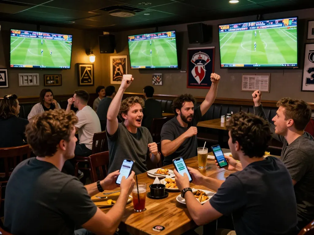 Engaging live sports betting at a crowded venue where bettors use mposport mobile app for real-time wagers.