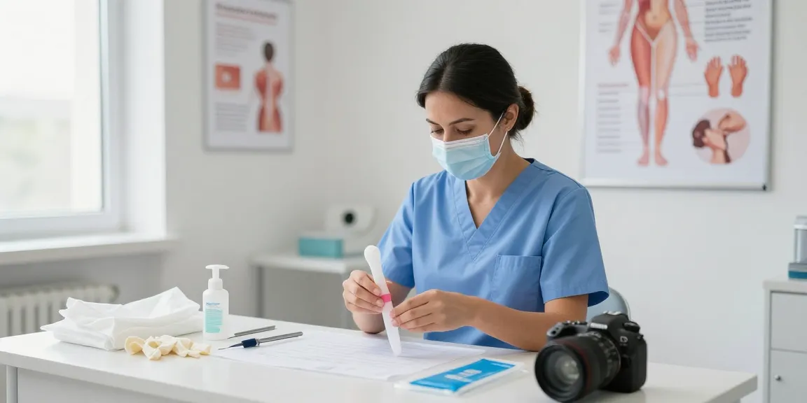 Healthcare professional preparing a vaginal speculum in a clean examination room.