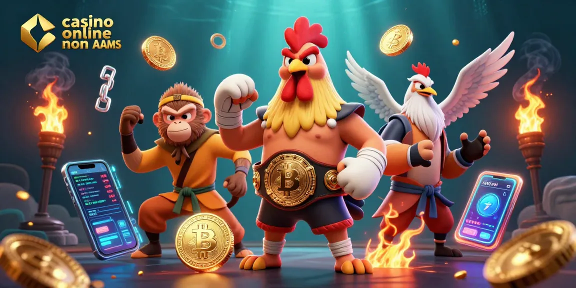 Scena coinvolgente di personaggi di casino online non AAMS con elementi di criptovaluta e caratteristiche vivaci del casinò.