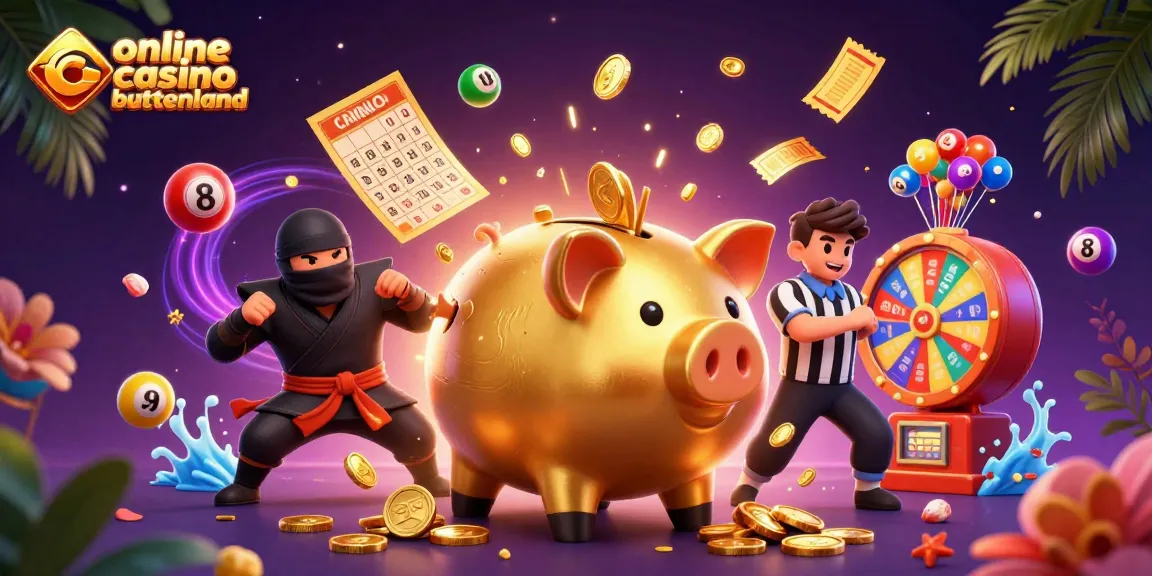 Experience excitement at online casino buitenland with a dynamic scene featuring a sumo wrestler, ninja, and referee amidst colorful gaming elements.
