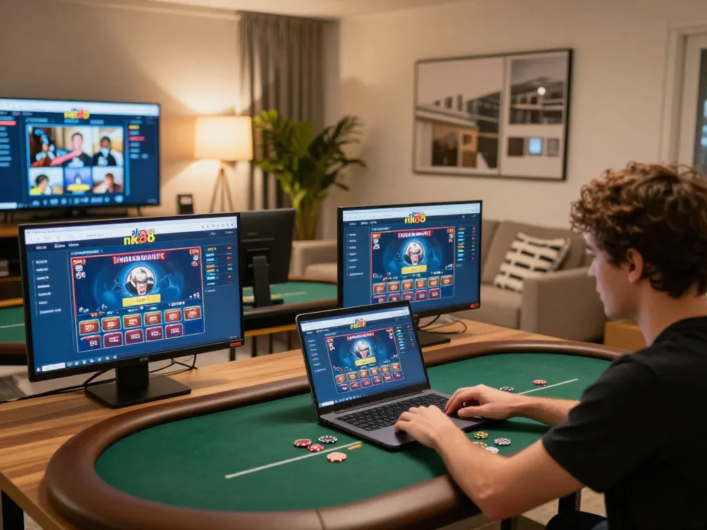 Engaging in strategic gameplay on nk88 platform from a cozy home gaming setup.