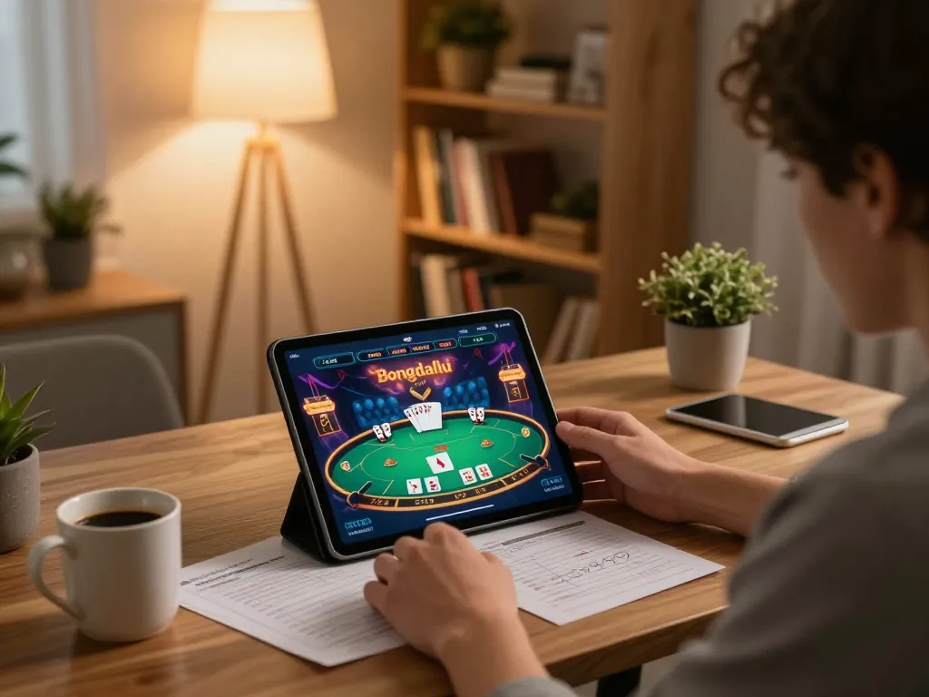 Bongdallu user engaged in online gaming on a tablet, focusing on strategy notes in a cozy home setting.