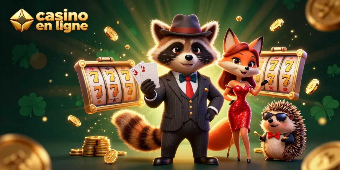 Jouez au casino en ligne avec cette illustration dynamique de personnages et éléments de jeu captivants.