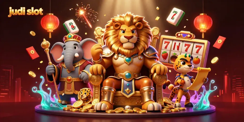 Ilustrasi judi slot menampilkan singa raja, gajah penasihat, dan cheetah pembawa pesan dalam suasana kasino.
