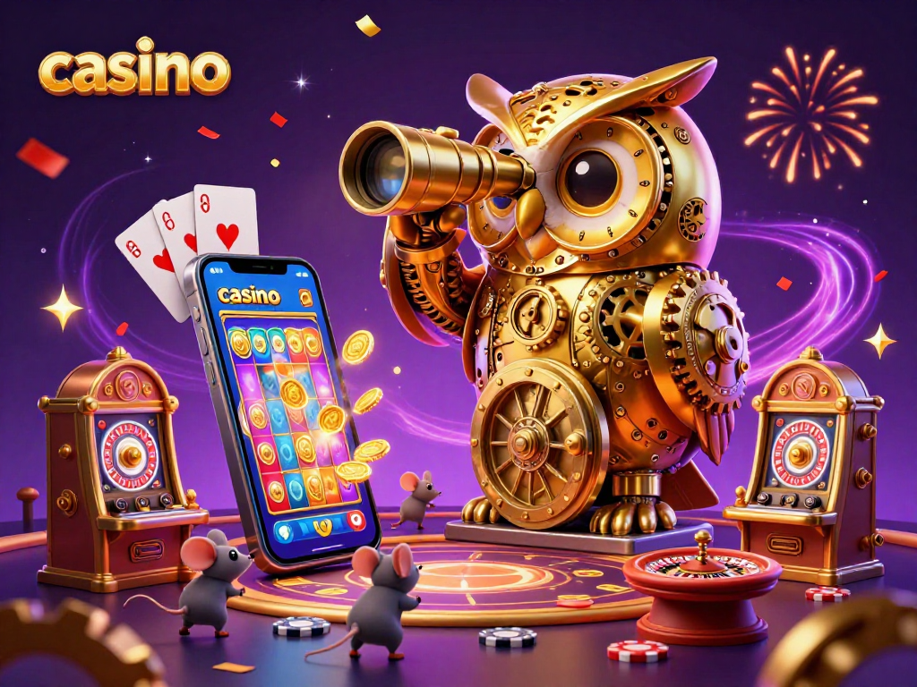 Engaging casino scene with a clockwork owl and mouse patrons exploring vibrant slot games.