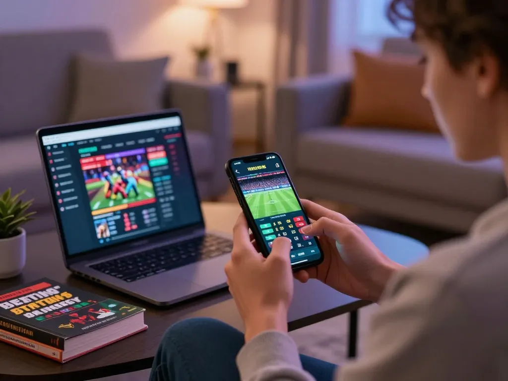 Engaged player checking RR88 mobile app for live betting opportunities in a cozy home setting.