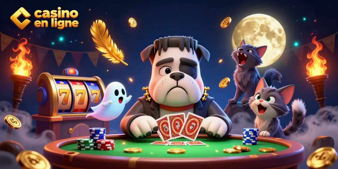 Jouer aux jeux de casino en ligne avec un bulldog Frankenstein et un chat loup parmi les jetons.