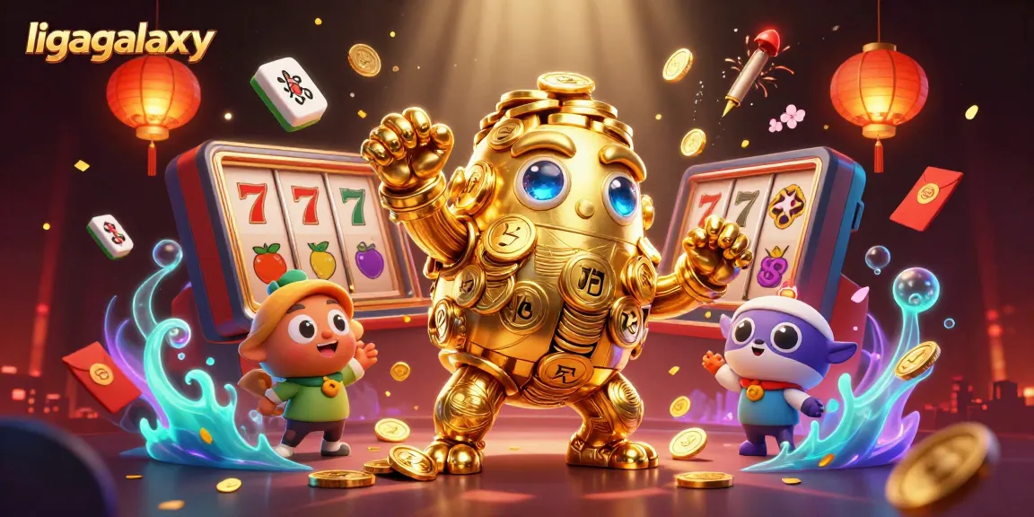 Golem emas ligagalaxy dikelilingi simbol slot dan koin saat merayakan kemenangan dalam kasino.