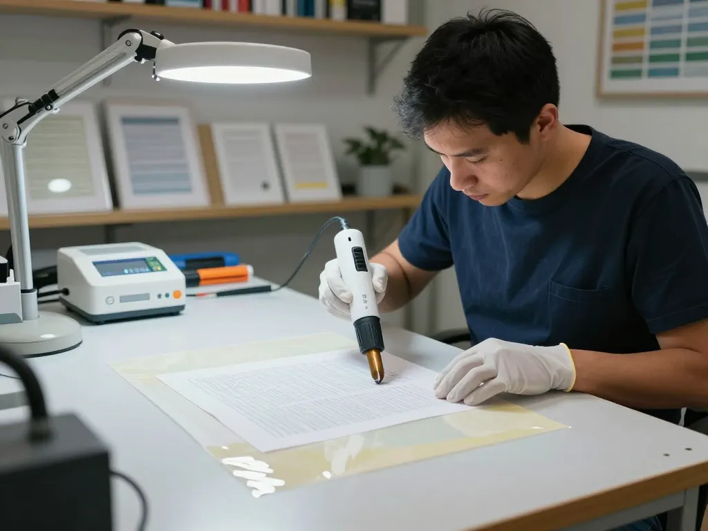 bóc ép plastic thái bình - Professional technician removing plastic lamination from valuable documents in a modern restoration workshop.
