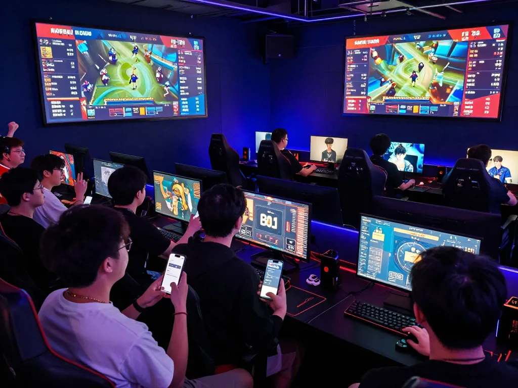 Excited fans engaged in esports betting in Singapore, showcasing vibrant atmosphere and live match action.