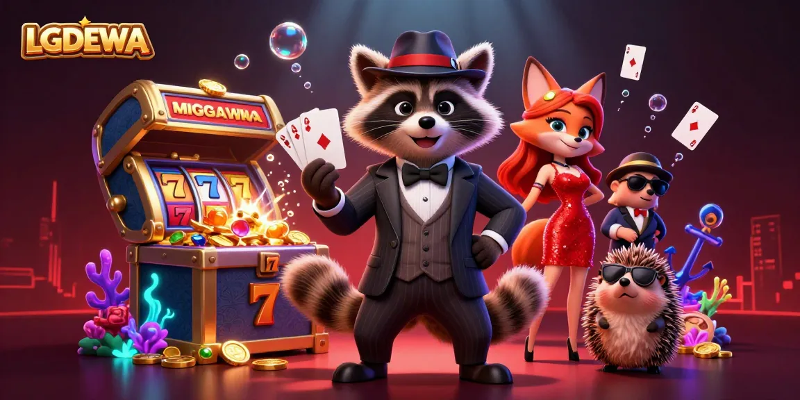 Spin the reels at LGODEWA, where a charming raccoon shows a royal flush in a vibrant casino.