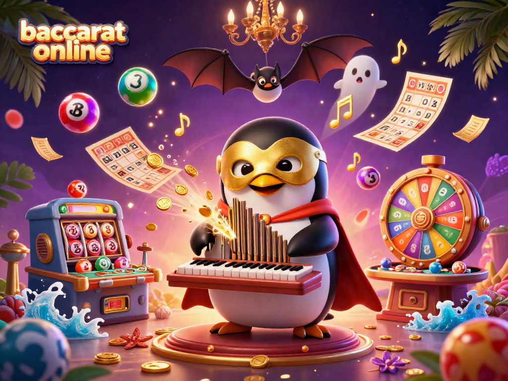 Experience baccarat online with a 3D cartoon penguin surrounded by casino elements and vibrant graphics.