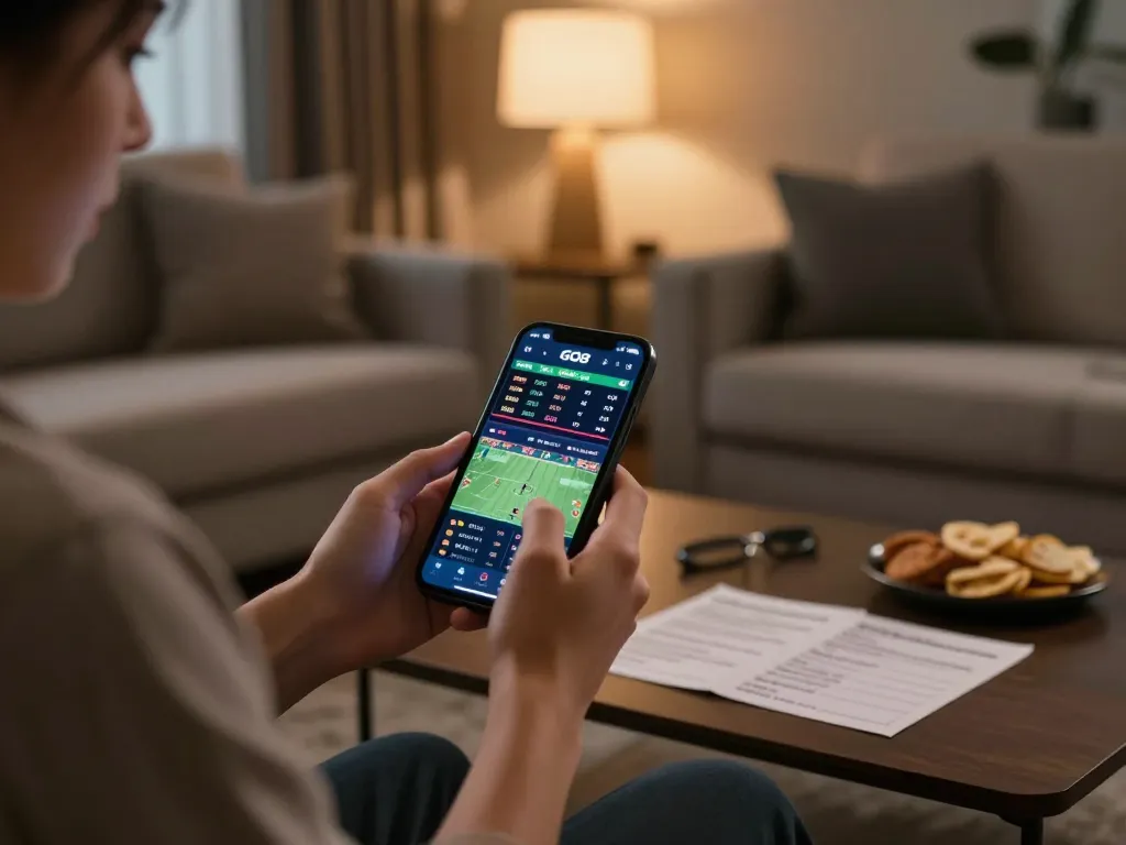 Engaging in GO8 online sports betting with live odds on smartphone in stylish home setup