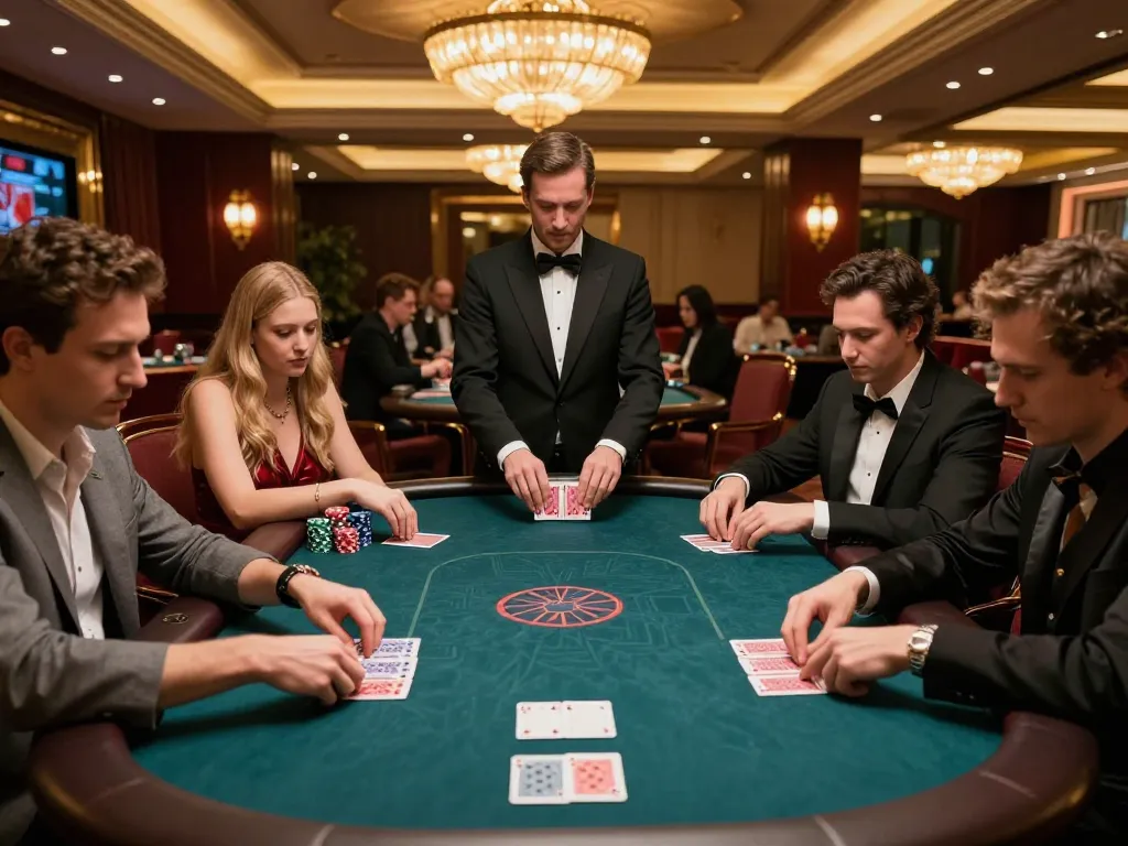 Poker gameplay scene at a luxury casino, showcasing nhacaiuytinn strategy and excitement among players