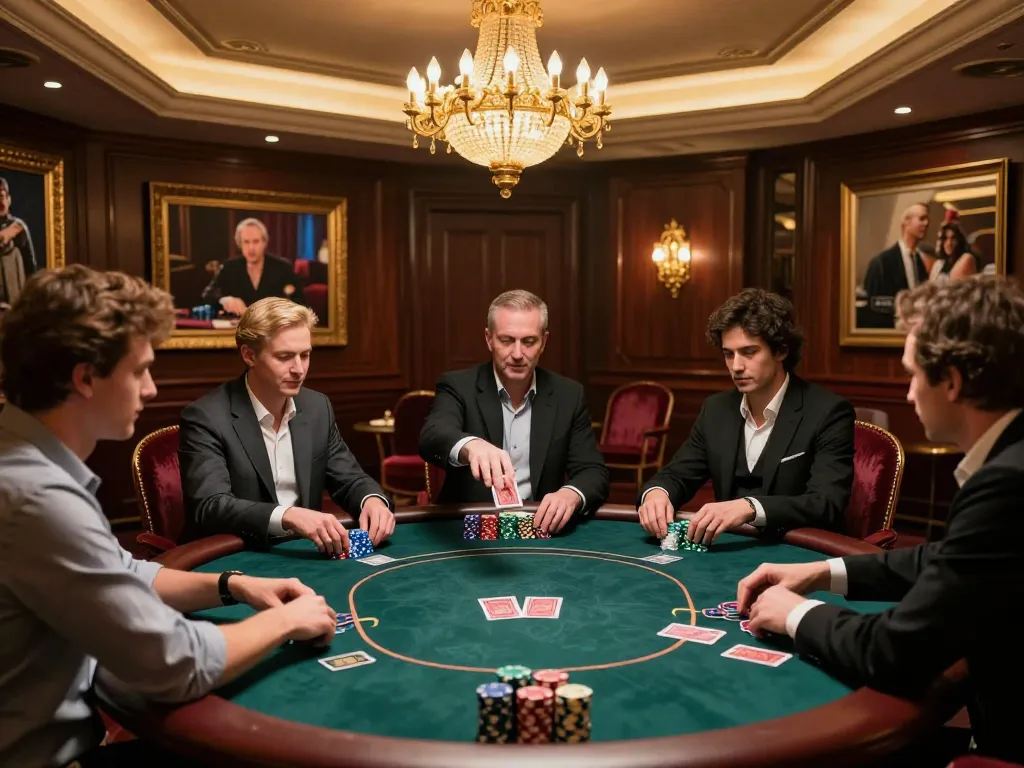 Engaged players in a high-stakes poker game at an llwin VIP gaming table, showcasing strategic gameplay.