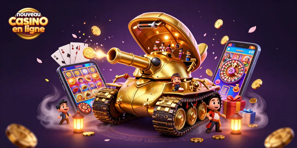Explorez le nouveau casino en ligne dans une scène dynamique avec des jeux, des pièces d'or et une ambiance festive.