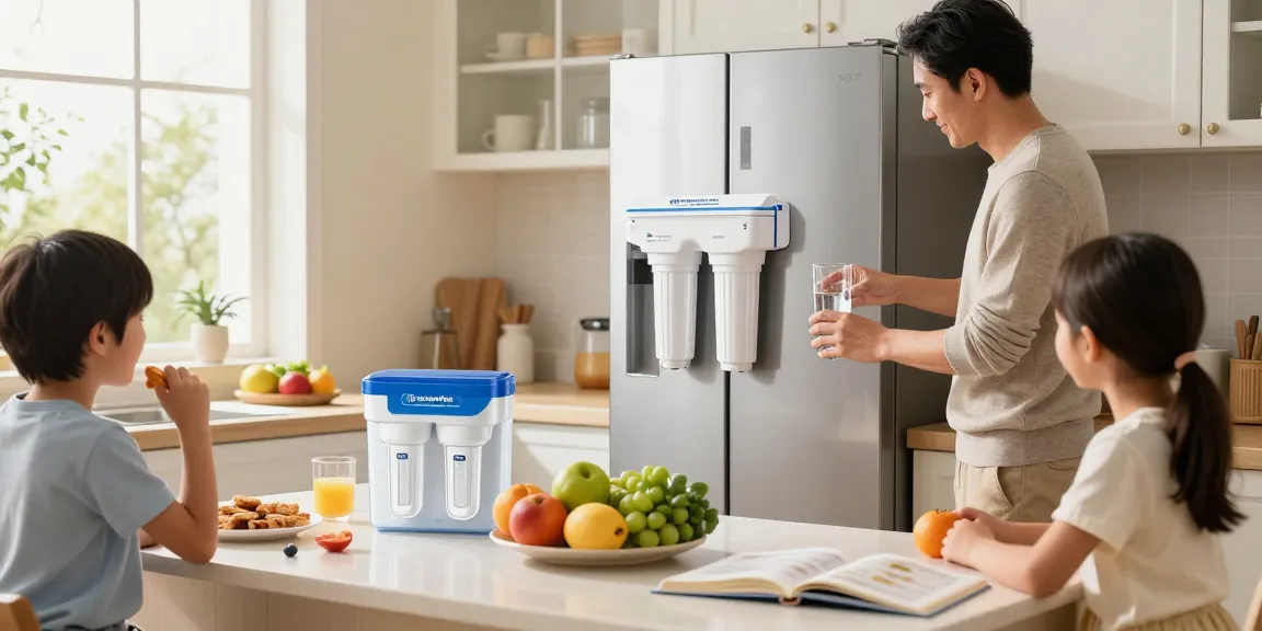 Family enjoying fresh water from the Waterdrop Plus ADQ73613401 NSF 401&53&42 Certified Refrigerator Water Filter and Air Filter in a cozy kitchen.