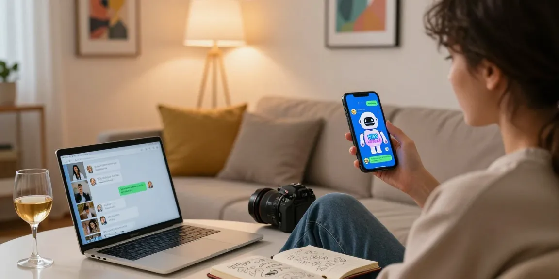 User enjoying a chat with an animated nsfw chat bot on a smartphone in a cozy home setting with mood lighting.