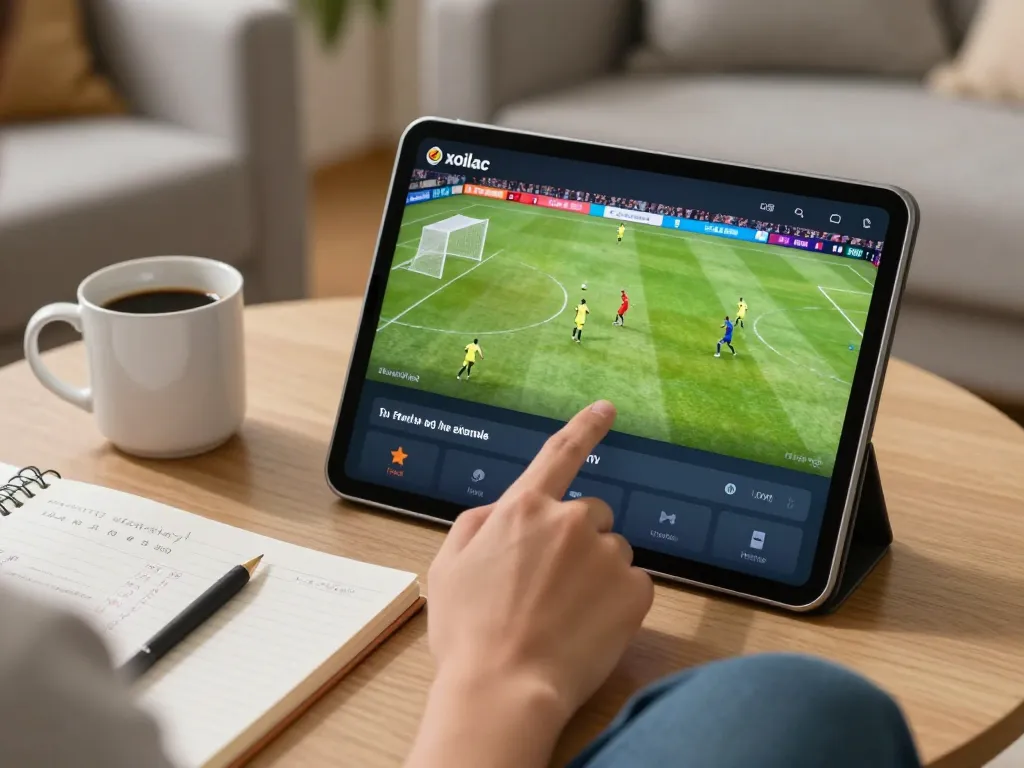 Xoilac TV user enjoying live soccer streaming on tablet in cozy home setting.