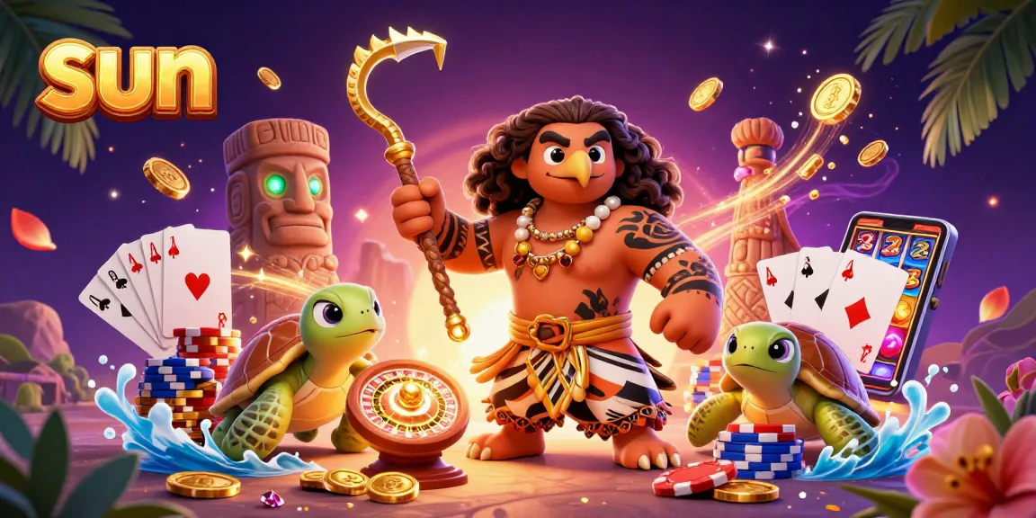 Sun-themed 3D illustration showcasing a demigod hawk and turtle amidst casino elements like coins and cards.