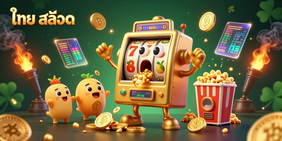 Experience the excitement of ไทย สล็อต with a joyful golden slot machine hitting a jackpot, surrounded by cheering companions and glowing coins.