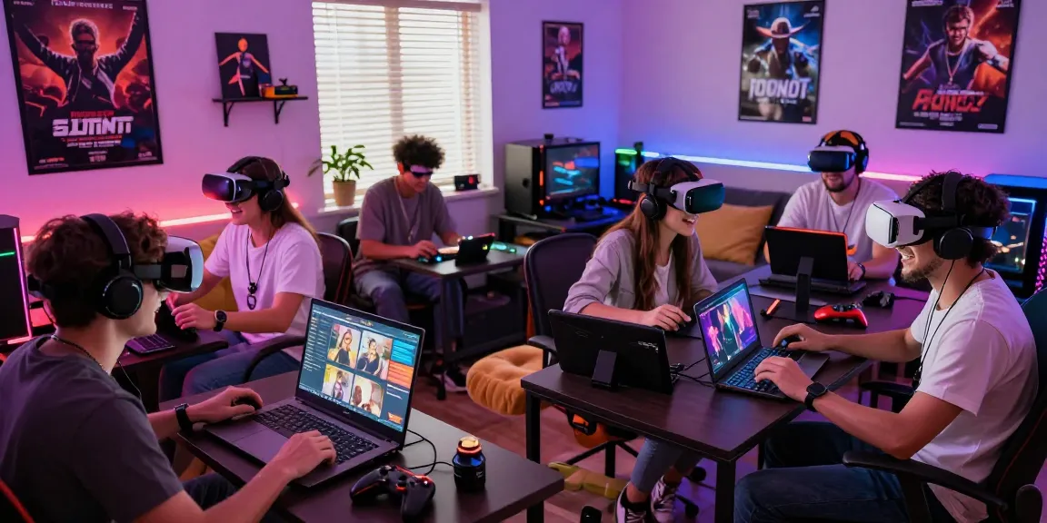 Gamers experiencing porngames on devices in a vibrant gaming space.