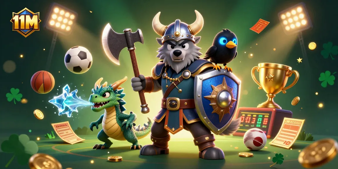 Bet on sports wins with 11M, featuring a Viking warrior, dragon, and sports elements.