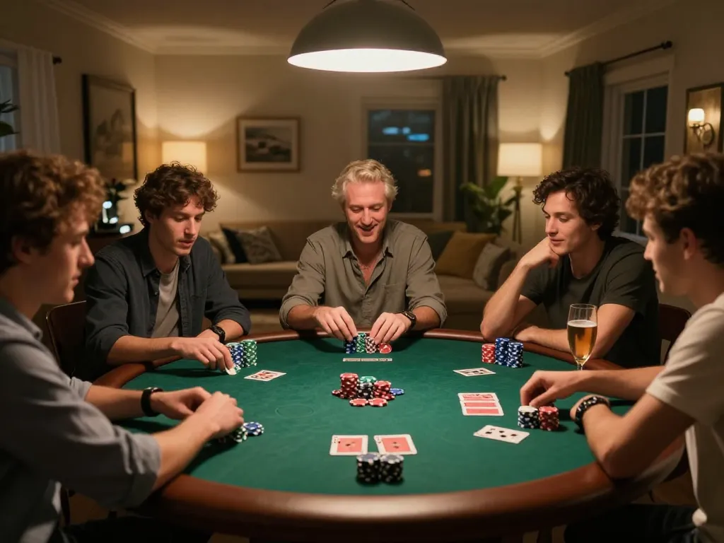 Pajaktoto login action during a lively home poker night with friends, showcasing excitement and strategy.