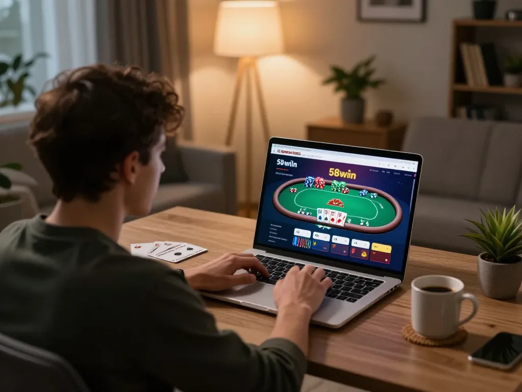 Player engaged on 58wiin online platform, showcasing poker gameplay in a cozy home setting