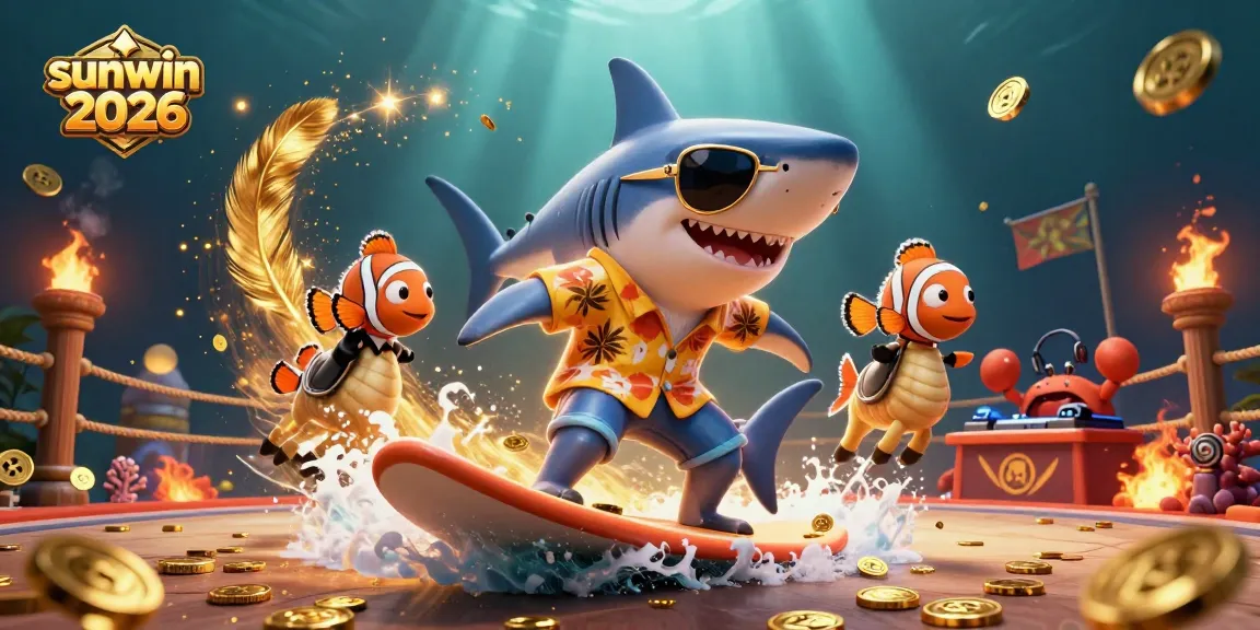 Engage in thrilling gameplay with sunwin 2026 as a hammer-head shark surfs gold coins, amidst vibrant casino elements.