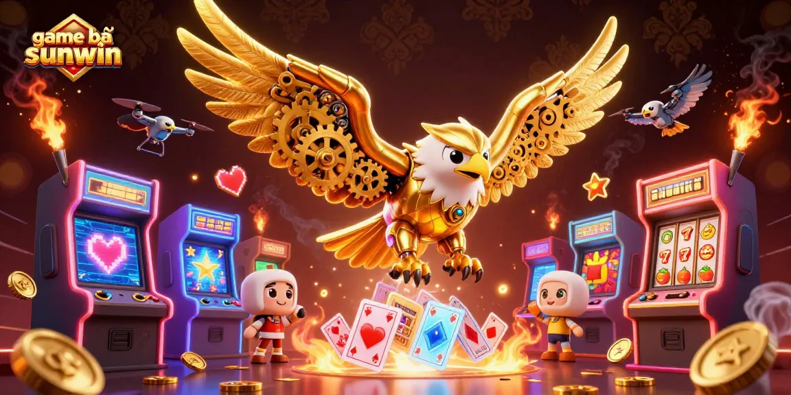 Engage in exciting game bài sunwin adventures with a dynamic 3D scene featuring a cybernetic eagle and vibrant casino elements.