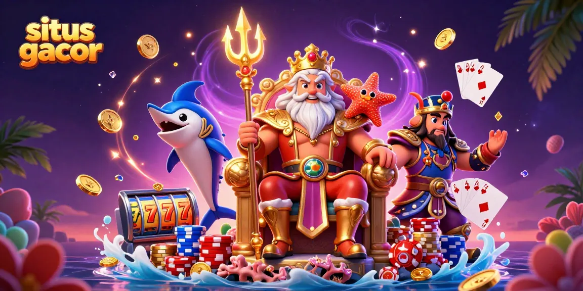 Play slots with situs gacor for rewarding spins, illustrated by Neptune's throne and vibrant casino elements.