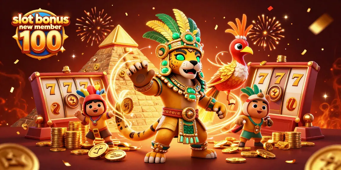Experience the thrilling excitement of slot bonus new member 100 with an energetic casino scene full of symbols and vibrant colors.