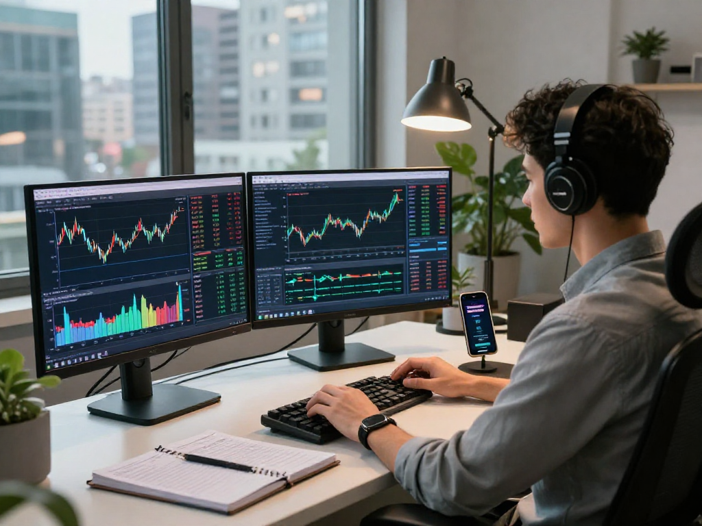 Dynamic TradingView trading setup with multiple screens displaying live market analysis in a modern workspace.