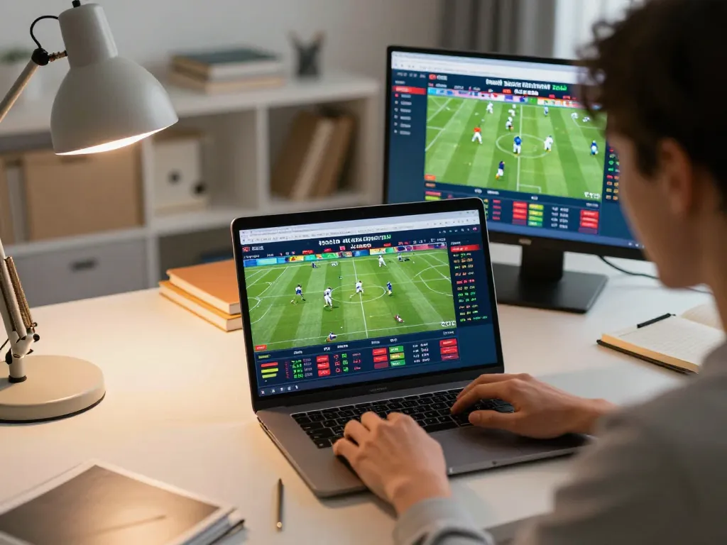 Engaged user analyzing keobongda football match odds on a laptop in a modern home office.