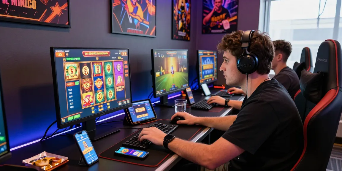 Player engaged in an online slot game, colorful reels and gaming devices on a modern desk.