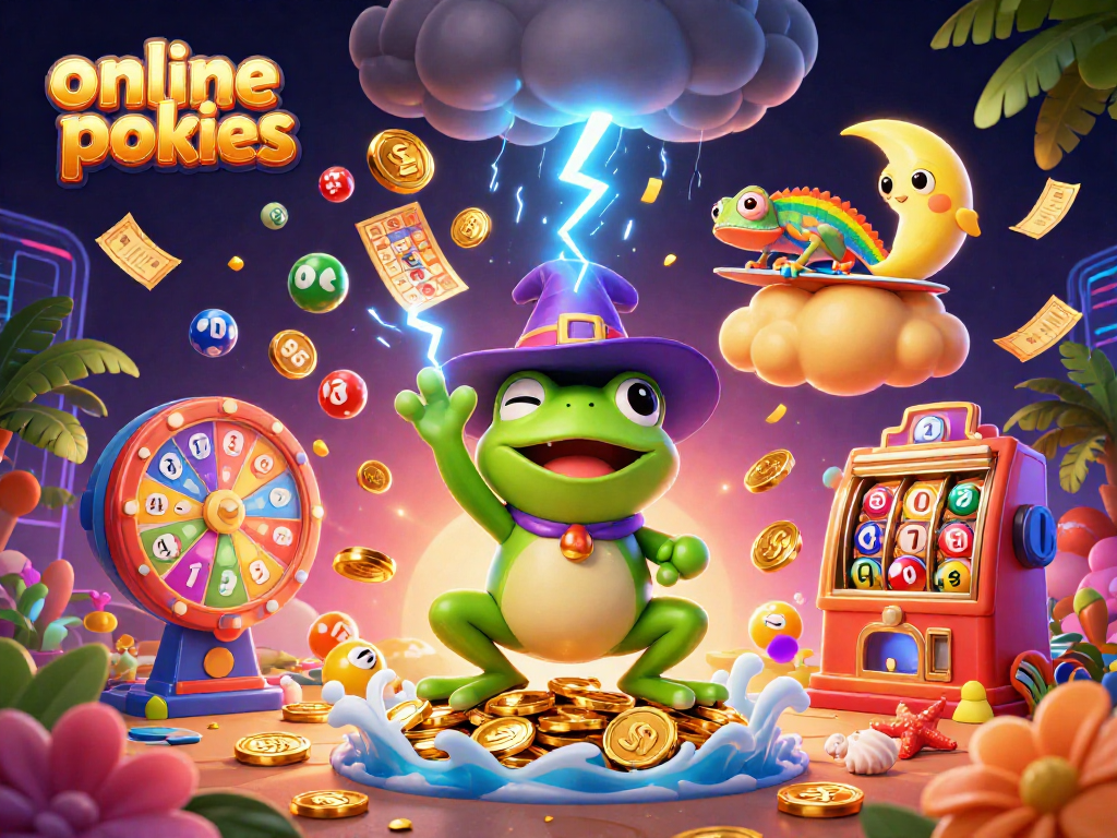 Spin the reels of online pokies as a wizard frog conjures endless coins amidst vibrant game elements.