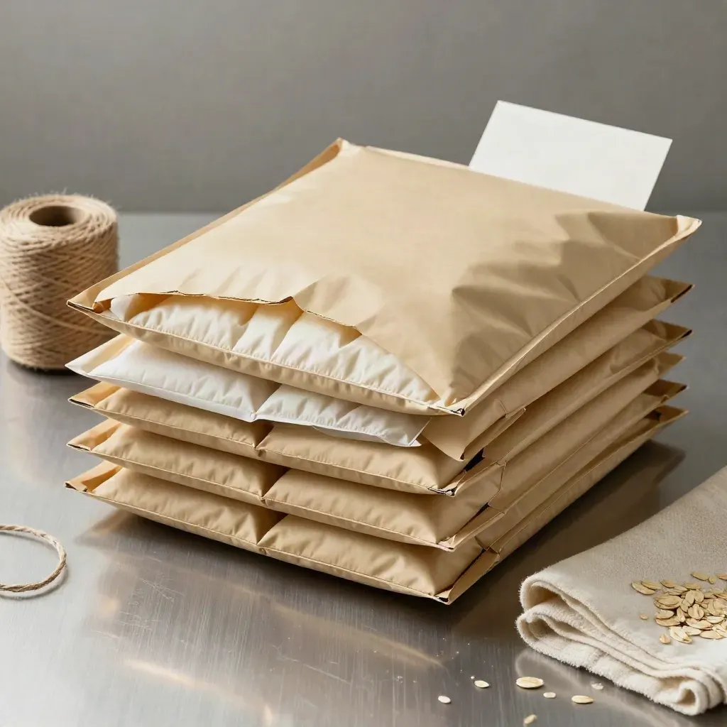 Stack of padded mailers on brushed metal with twine, cloth, and one opened mailer