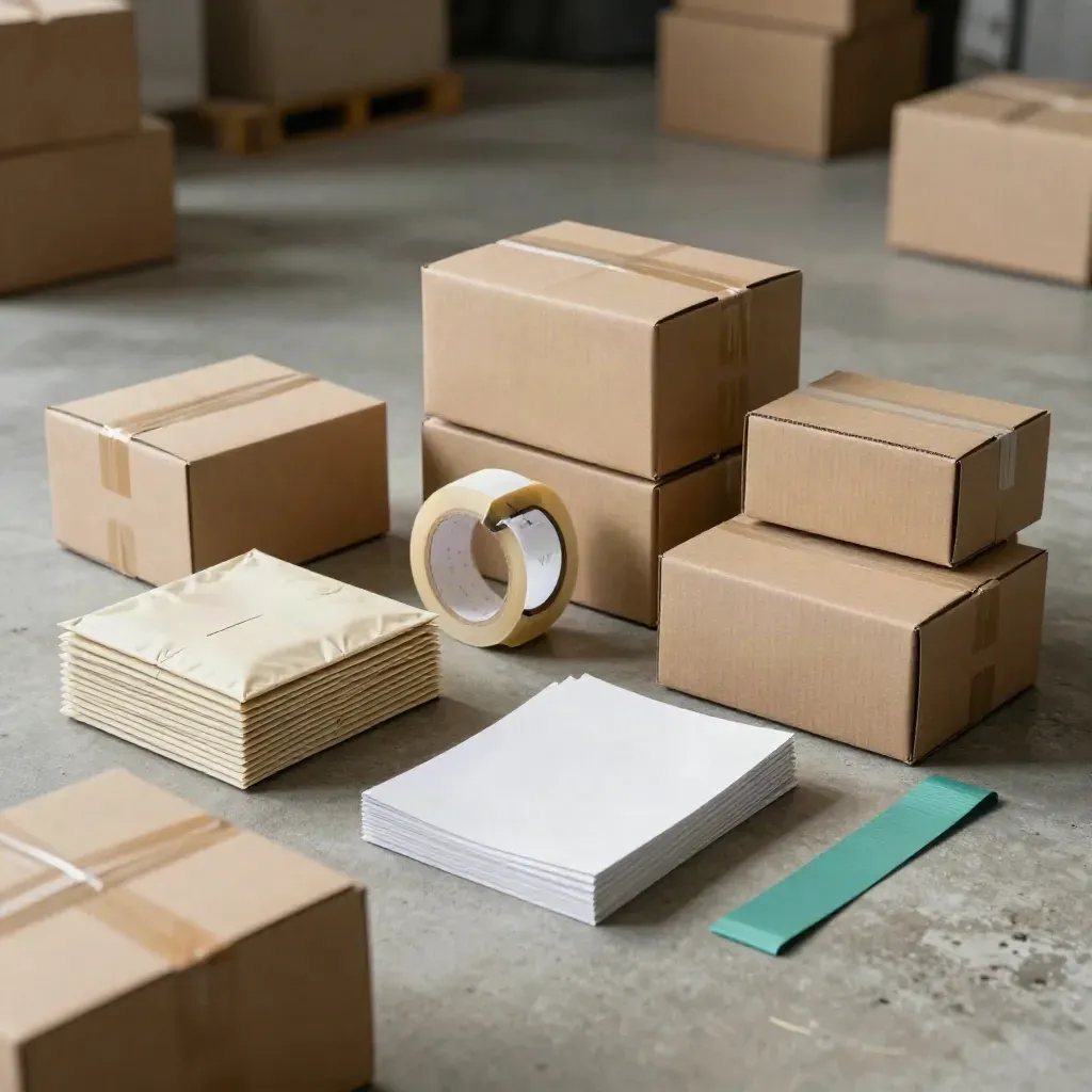Shipping boxes, mailers, tape, and labels arranged on concrete with soft teal accent.