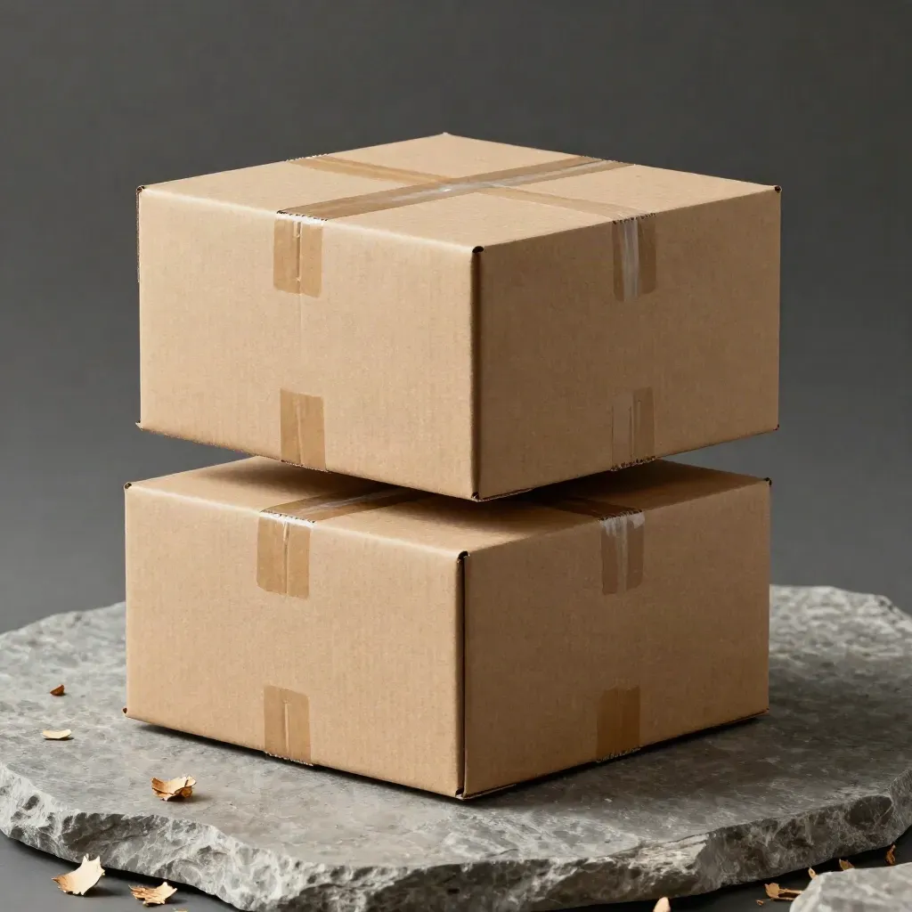 Three kraft shipping boxes stacked on a stone slab with packing chips and dust