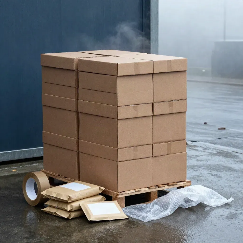 Heavy-duty shipping box kit with mailers, tape and bubble wrap on a misty loading bay at dawn.