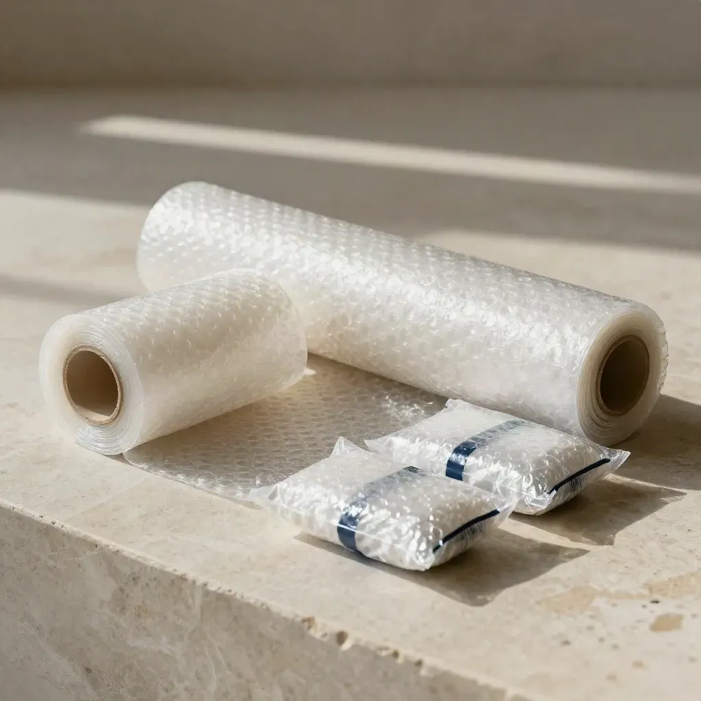 Bubble wrap roll unspooling beside two wrapped parcels on pale stone
