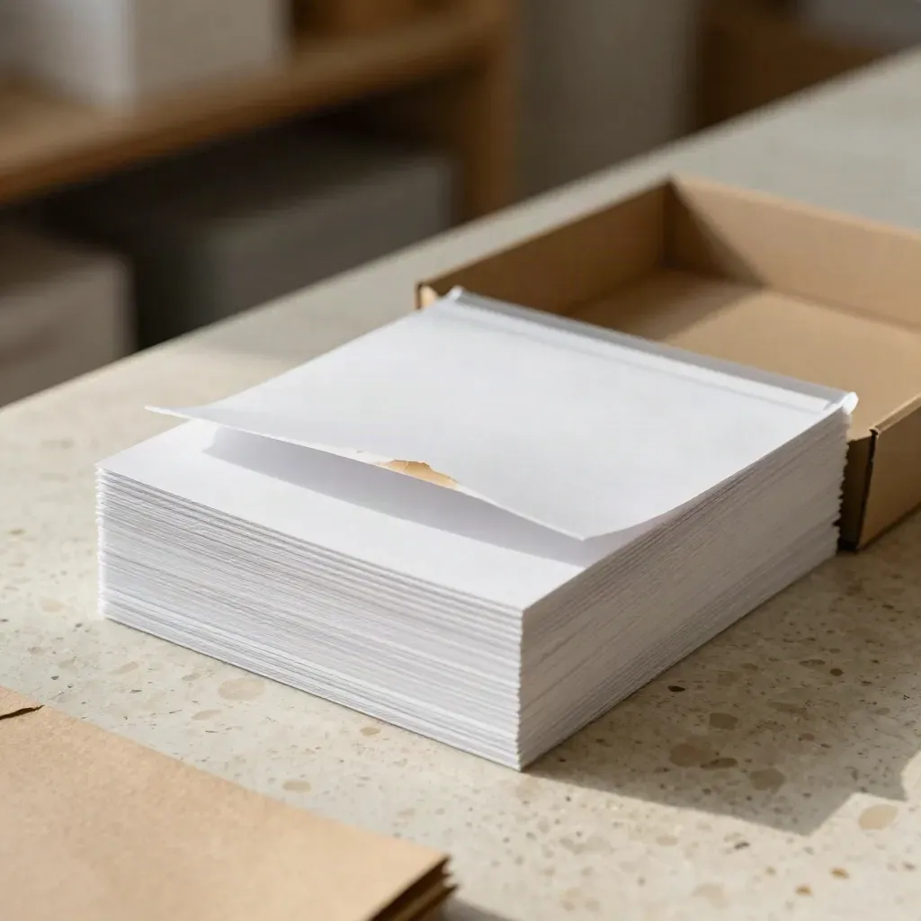 Stack of blank shipping labels beside a clear mailer sleeve on travertine, softly lit