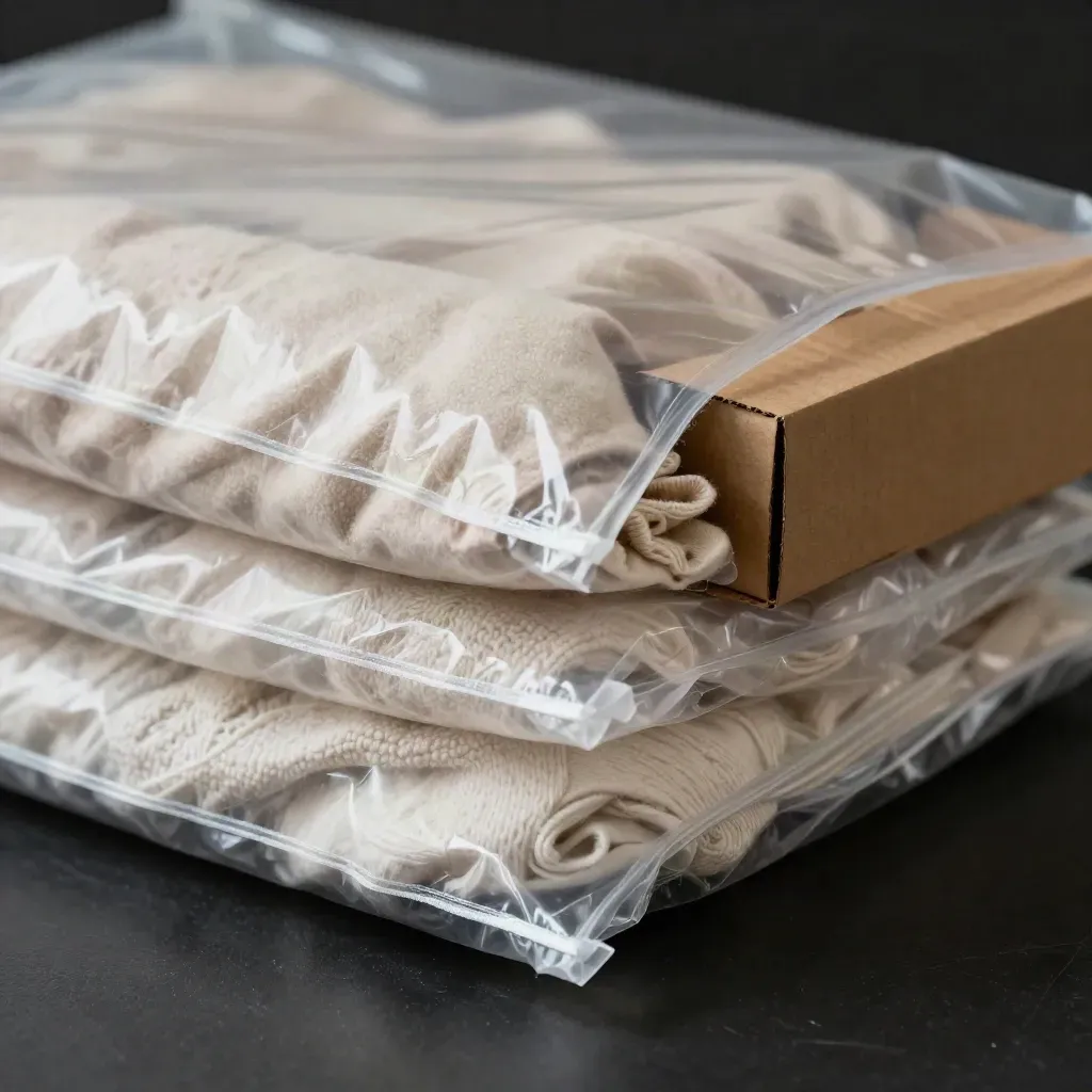 Macro of bundled clear storage bags nestled in fabric beside a cardboard box corner.