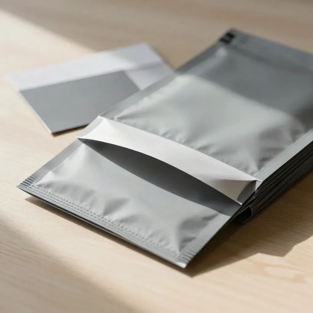 Gray poly mailers fanned across pale wood, one pouch half-open with a white closure strip