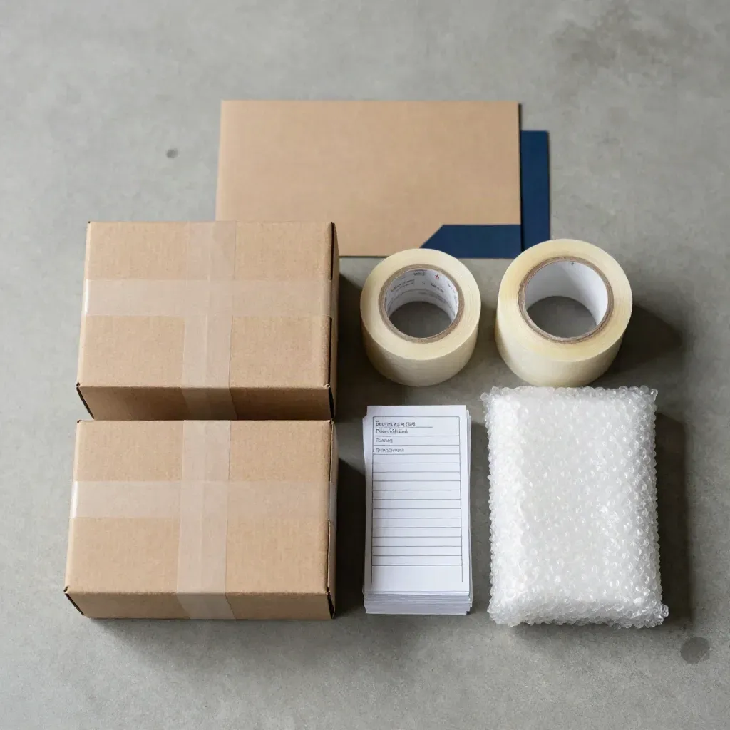 Top-down packing kit flat lay with boxes, mailer, tape, labels and bubble wrap on concrete.